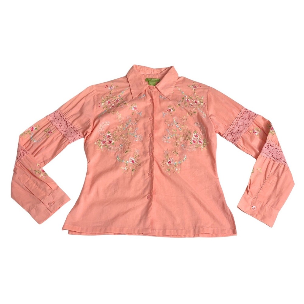 Femme Top Womens S Petite Pink Floral Embroidered Button Eyelet Western Coquette